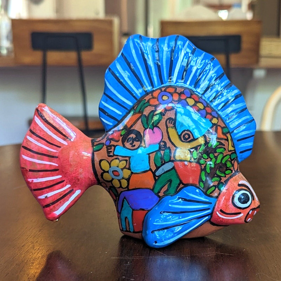 Mexican Isidoro Talavera Fish Folk Art Hand Painted Multicolored Mythology Scene - Picture 12 of 12